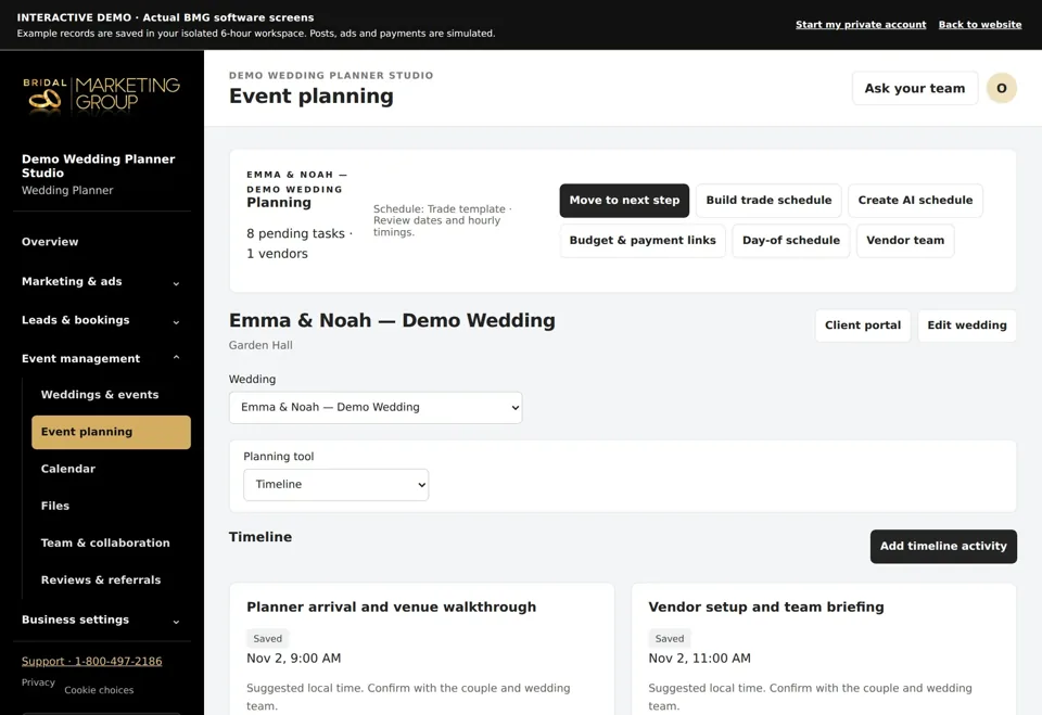 Actual WeWed demo: the daily schedule included with your BMG software access
