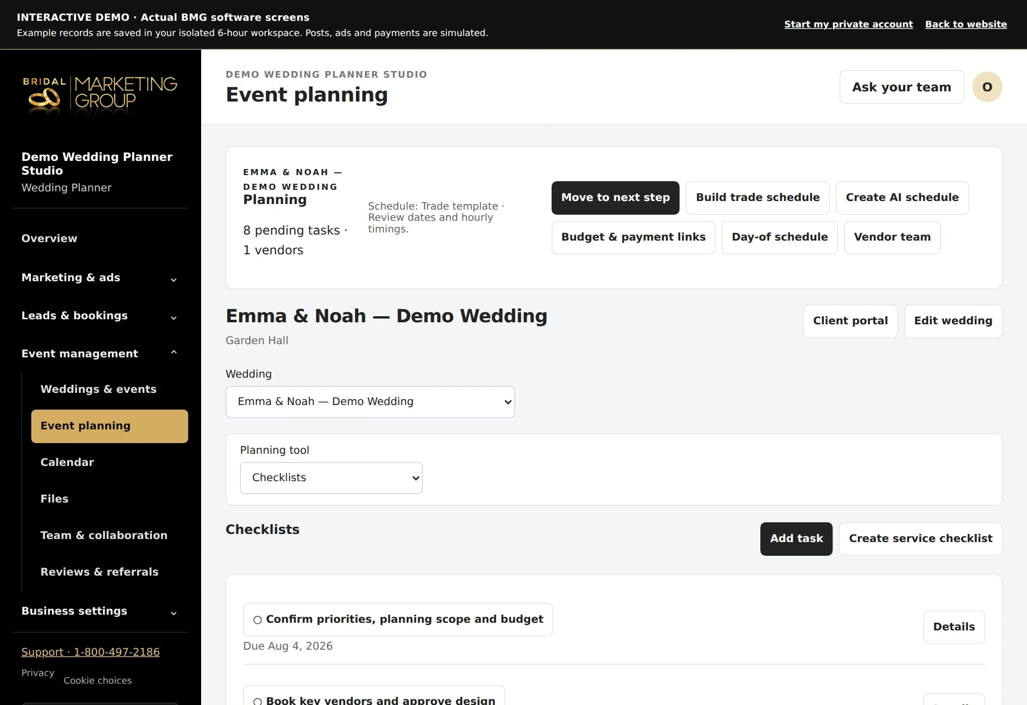 Actual WeWed.io event schedules and tasks