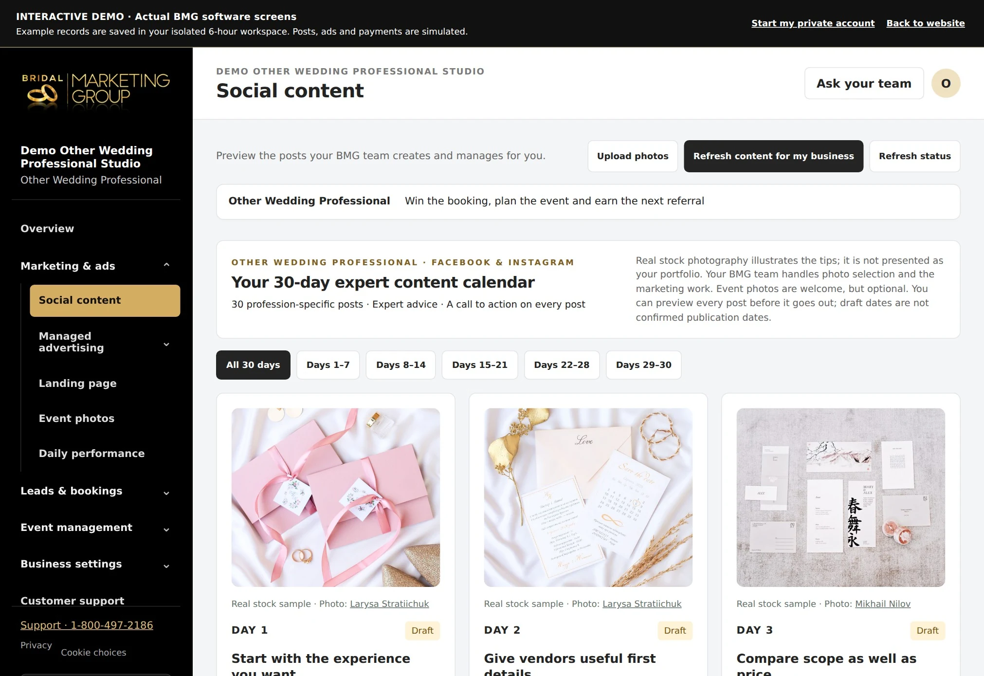 WeWed marketing screen with sample social content
