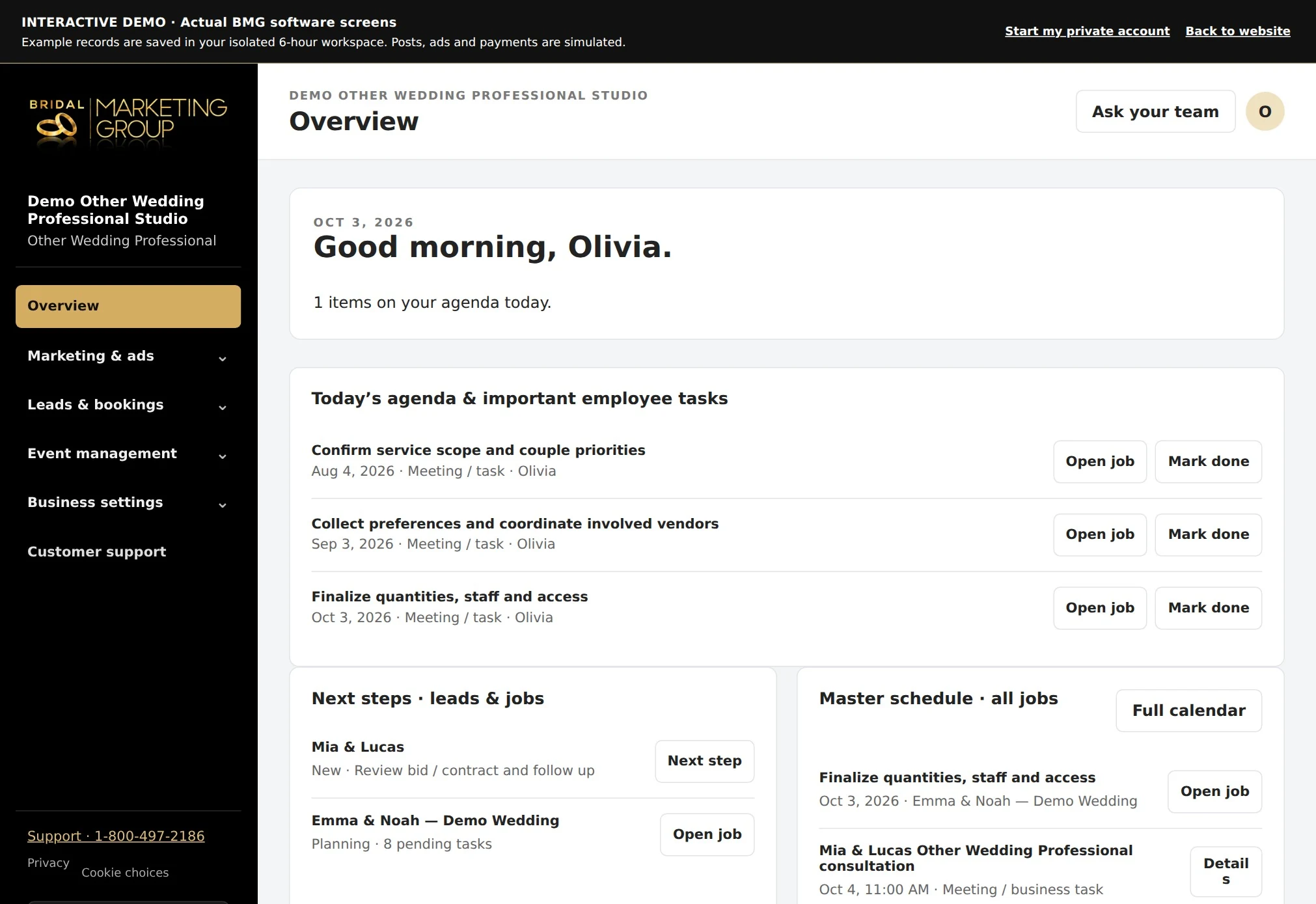 Actual WeWed.io overview with today’s agenda, employee tasks, leads, jobs, and master schedule