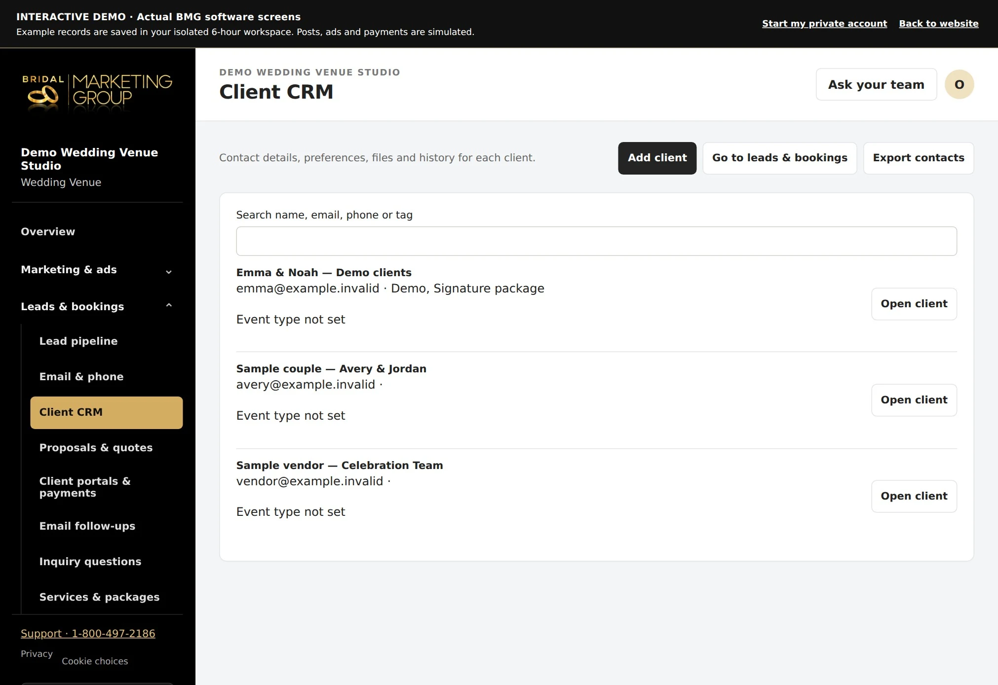 Actual WeWed.io client CRM showing searchable client records and contact details