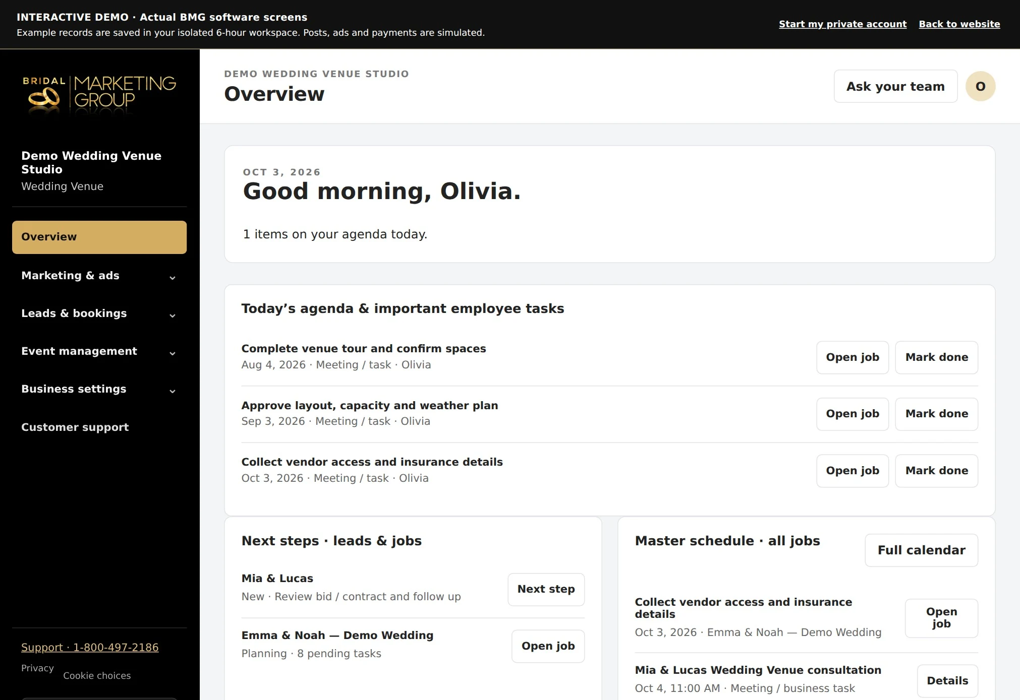 Actual WeWed.io agenda and upcoming leads overview
